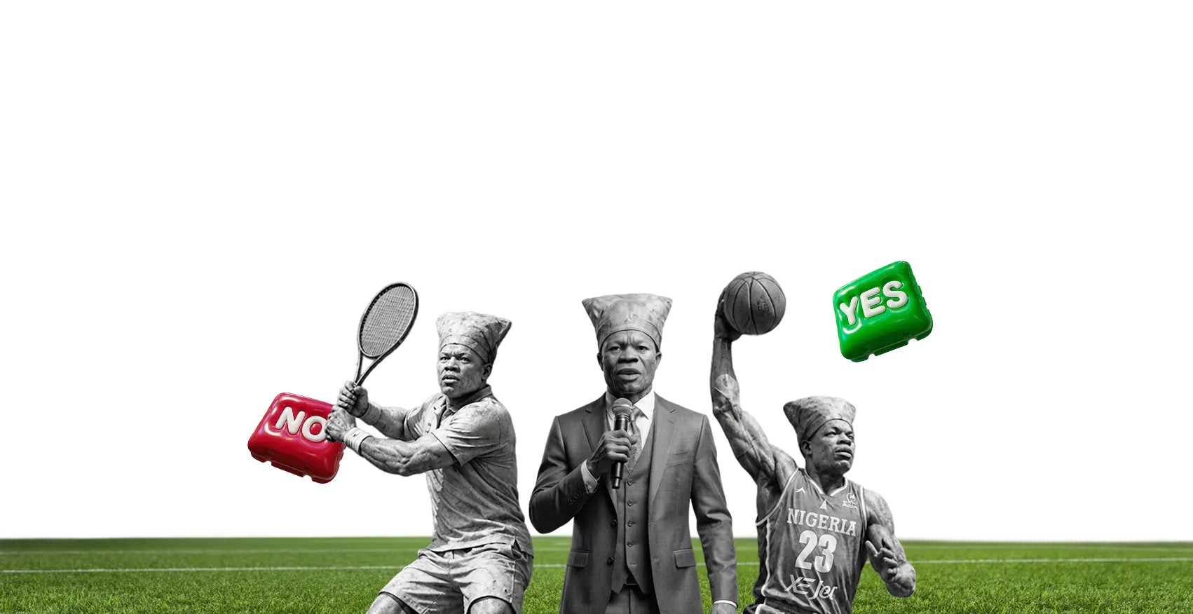 A tennis player holding No, a speaker, and a basketball player holding Yes on a football pitch